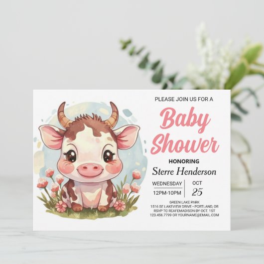 Boho魔法の水色の牛の赤ちゃんシャワー 招待状 (スタンド正面)