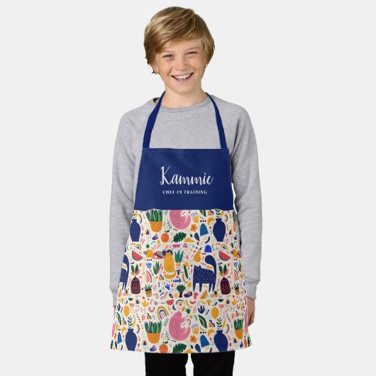 Boho カラフル Cats Pattern Chef in Training エプロン (着用した状態)