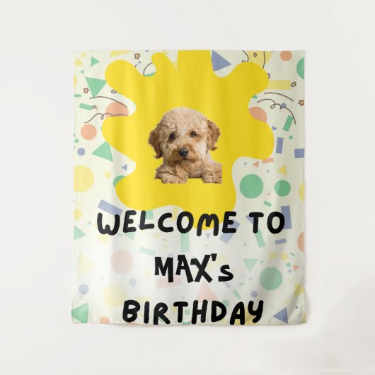 Boho ゴールデンドゥードル 1歳の誕生日ウェルカムサイン | オン タペストリー (正面)