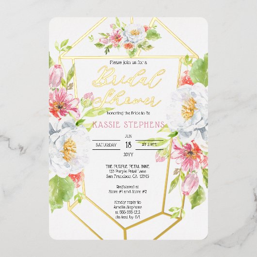 Boho – シックフローラ幾何学的ブライダルシャワー-金ゴールド 箔招待状 (正面)