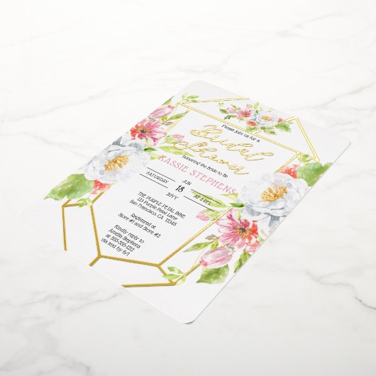 Boho – シックフローラ幾何学的ブライダルシャワー-金ゴールド 箔招待状 (回転した状態)