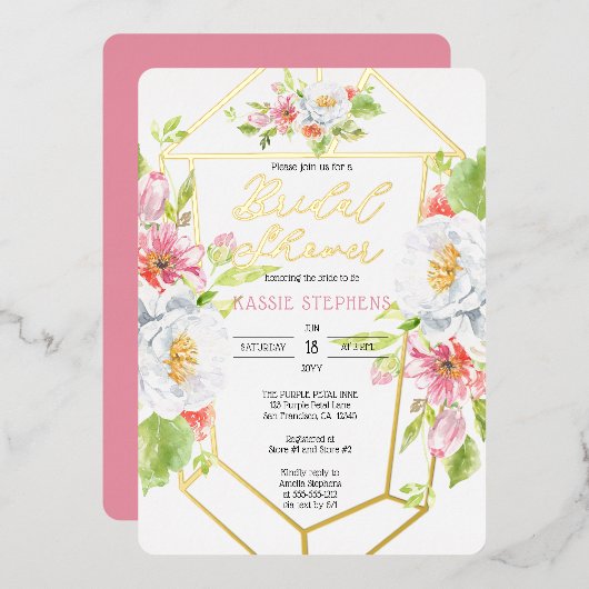 Boho – シックフローラ幾何学的ブライダルシャワー-金ゴールド 箔招待状 (正面/裏面)