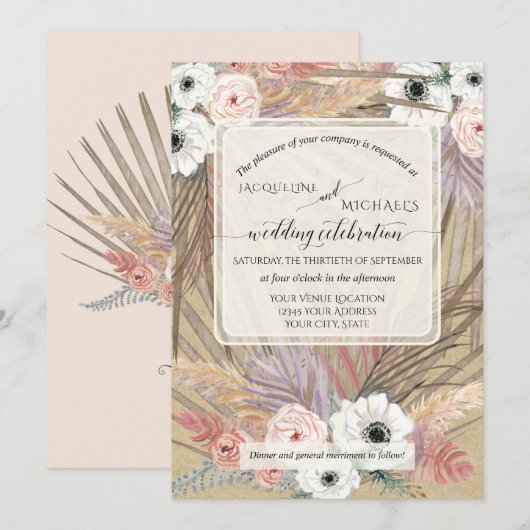 BOHO パンパス グラス ホワイト フローラル ラスティック ニュートラル 招待状 (正面/裏面)