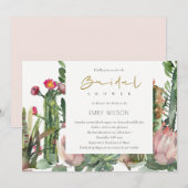 BOHO ピンク フローラル サボテン 葉 ブライダル シャワー 招待状 (正面/裏面)