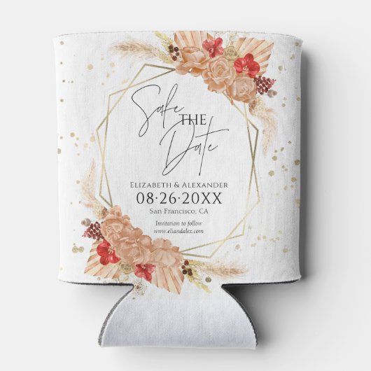 Boho フローラル | Terracotta結婚式の日付を保存 缶クーラー (裏面)