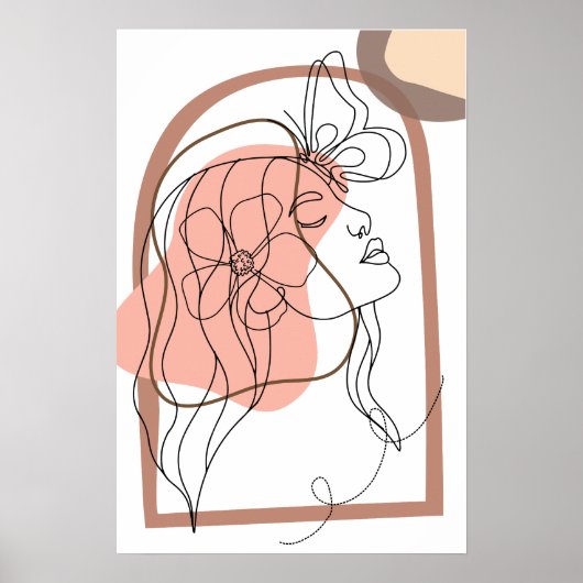 Boho ミニマル Line art、花を持つ女性 ポスター (正面)