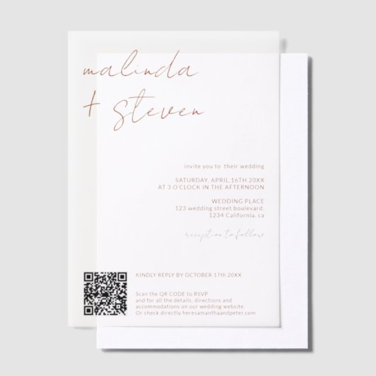 Boho モダンスクリプエレガントトQRコード結婚s ベラム紙招待状 (オフセット)