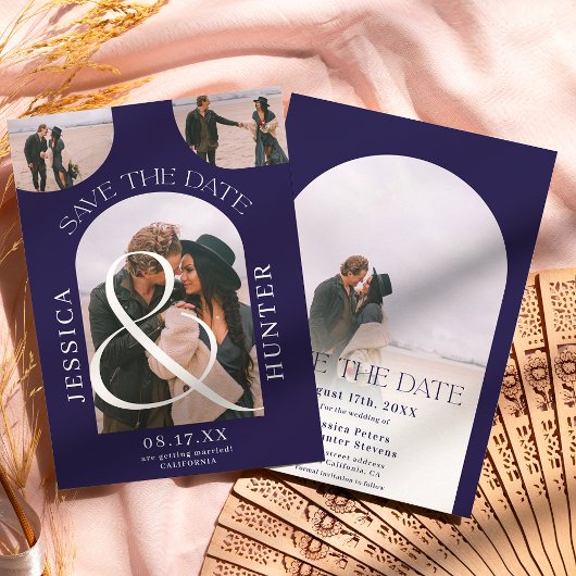 boho モダン arch 4枚結婚のネイビー・ブルー セーブザデート