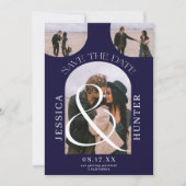 boho モダン arch 4枚結婚のネイビー・ブルー セーブザデート (正面)