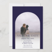 boho モダン arch 4枚結婚のネイビー・ブルー セーブザデート (裏面)