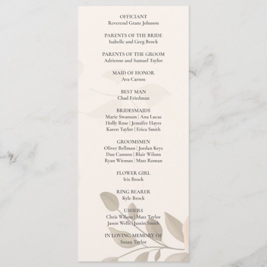 Boho 素朴 Blooming Garden Program 結婚's プログラム (裏面)