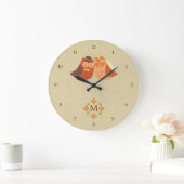 Boho 素朴 Lovebird Owlカップル ラージ壁時計 (ホーム)