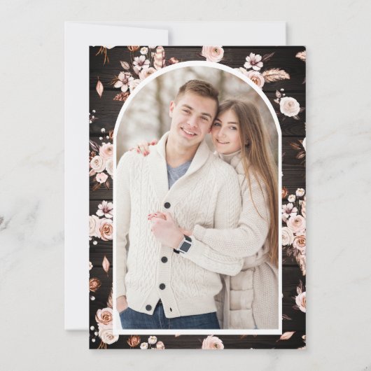 Boho 自然フローラフォト結婚ウッド セーブザデート (裏面)