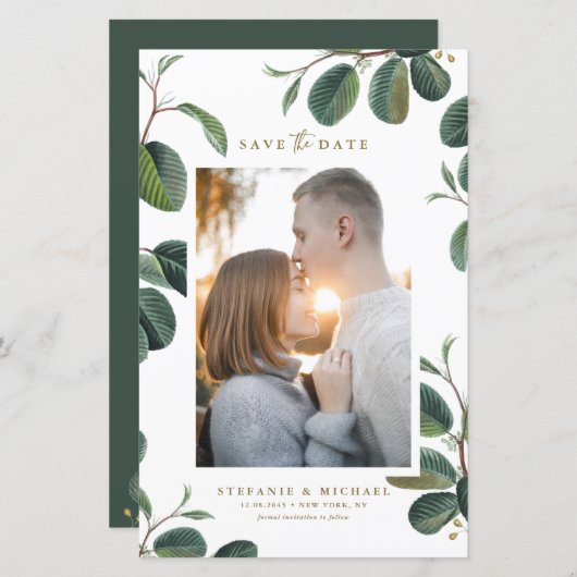 Boho 葉Botanical White Photo Save the Date (正面/裏面)