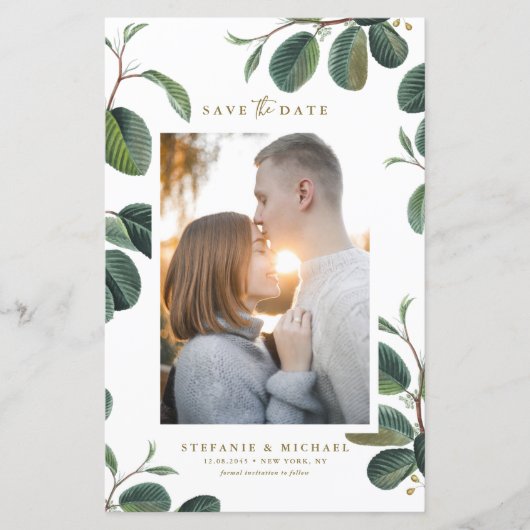 Boho 葉Botanical White Photo Save the Date (正面)