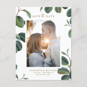 Boho 葉Botanical White Photo Save the Date 案内ポストカード
