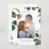 Boho 葉Botanical White Photo Save the Date 案内ポストカード (正面/裏面)