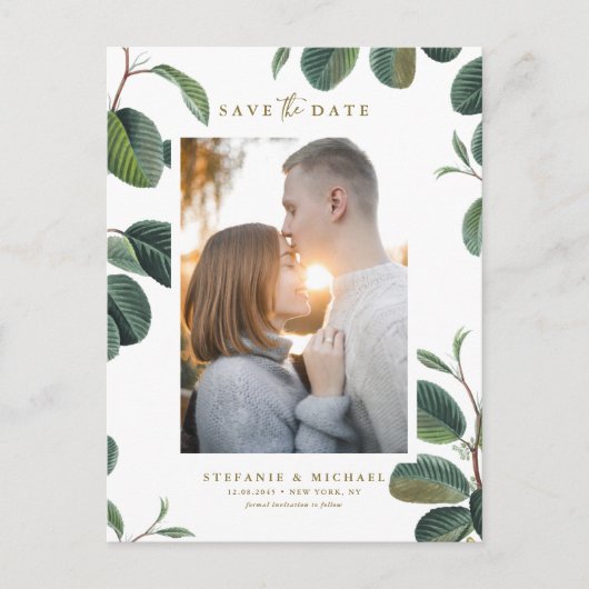 Boho 葉Botanical White Photo Save the Date 案内ポストカード (正面)