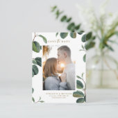 Boho 葉Botanical White Photo Save the Date 案内ポストカード (スタンド正面)