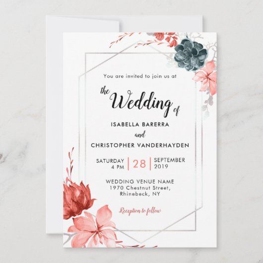 Boho 2019コーラルフローラ水結婚色 招待状 (正面)