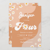 Boho 4th BirthdayデイジーフローラGroovy 70sパーティー 招待状 (正面/裏面)