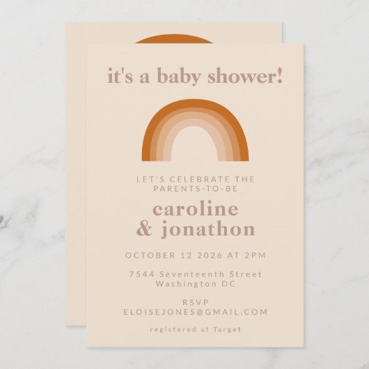 Boho 70sレインボーテラコッタカップル赤ちゃんシャワー 招待状 (正面/裏面)