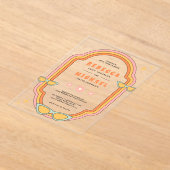 Boho 70sレトロカラフルGroovyフレー結婚ム アクリル招待状 (レイダウン)