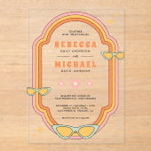 Boho 70sレトロカラフルGroovyフレー結婚ム アクリル招待状 (正面)