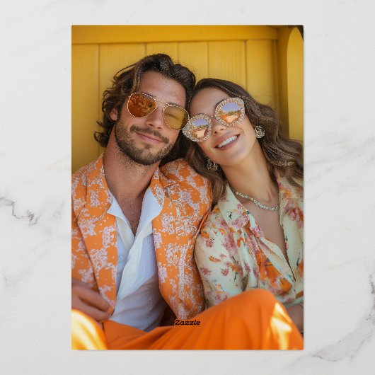 Boho 70sレトロカラフルGroovyフレ結婚ームの金ゴールド 箔招待状 (裏面)