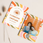 Boho 70s Groovy Wavy Sun Save the Date Qr Code セーブザデート<br><div class="desc">フォト燃えたオレンジの太陽レトロボホ日付を保存Qrコード</div>