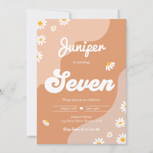 Boho 7th誕生日デイジーフローラGroovy 70sパーティー 招待状 (正面)