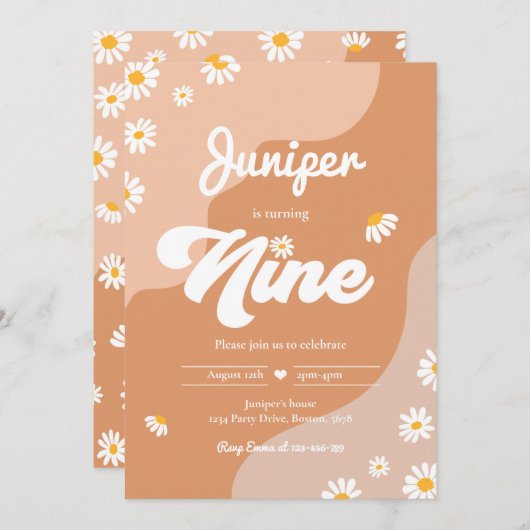 Boho 9誕生日デイジーフローラGroovy 70のパーティー 招待状 (正面/裏面)