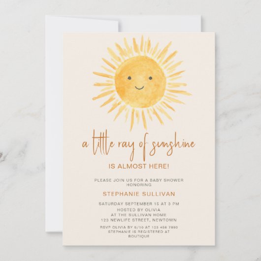 Boho A Little Ray of Sunshine Baby Shower 招待状 (正面)