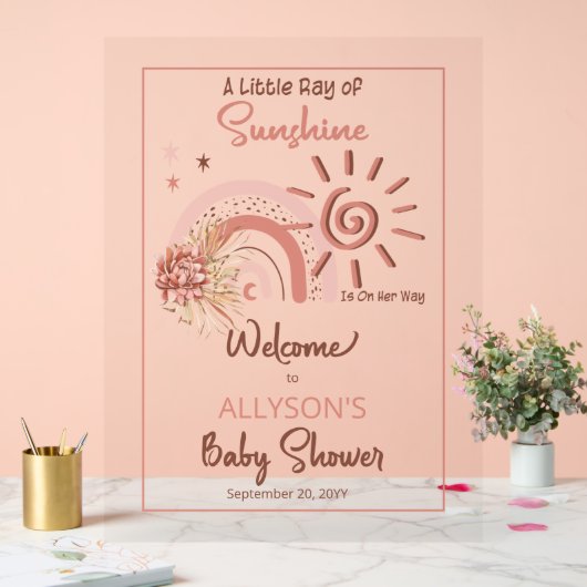 Boho A Little Ray of Sunshine Girl Baby Shower アクリルサイン (ウェディング)
