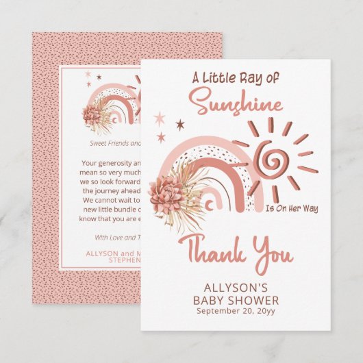 Boho A Little Ray of Sunshine Girl Baby Shower サンキューカード (正面/裏面)