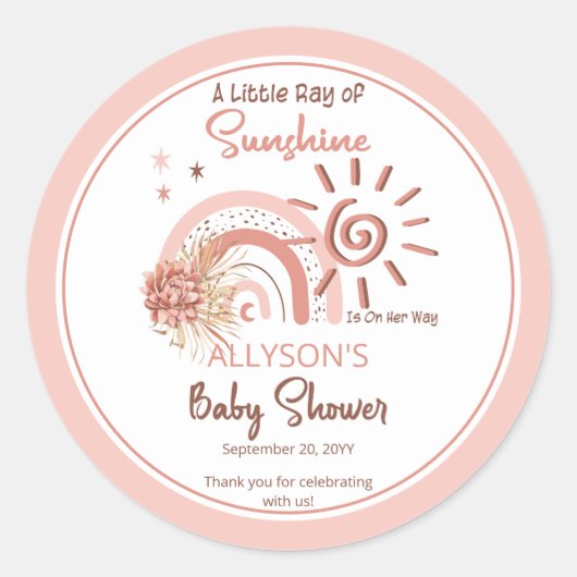 Boho A Little Ray of Sunshine Girl Baby Shower ラウンドシール (正面)