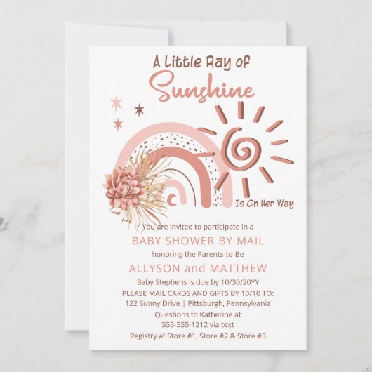 Boho A Ray of Sunshine Girl Baby Shower by Mail 招待状 (正面)