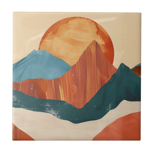 Boho Abstract Mountain Landscape with Sun タイル (正面)