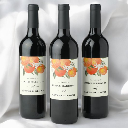 Boho Abstract Sketchy Orange Garden Wedding ワインラベル