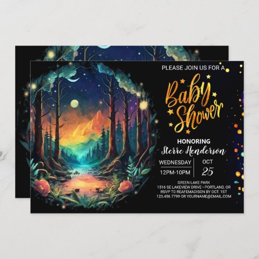 Boho Adventureがウッドランドベビーシャワーを待つ 招待状 (正面/裏面)