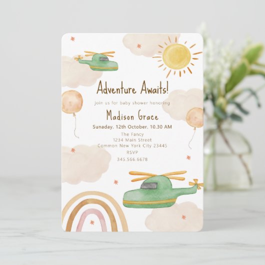 Boho Adventure Helicopter Airplane Baby Shower 招待状 (スタンド正面)