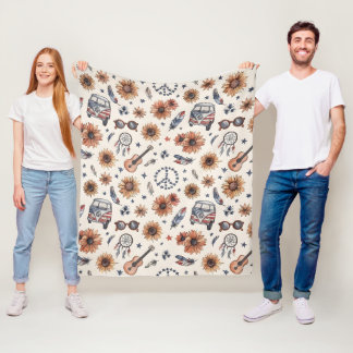 Boho Americana Festival Sunflowers VW Bus 4th of J フリースブランケット