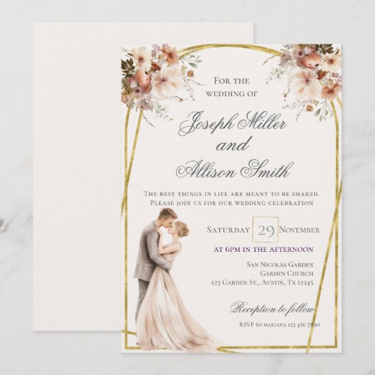 Boho and Gold Wedding 招待状 (正面/裏面)