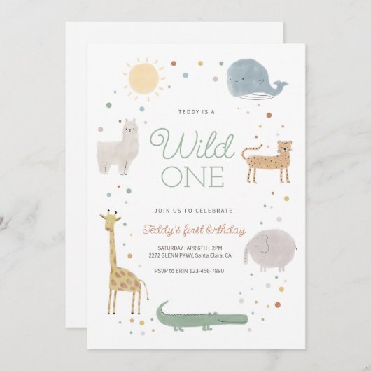 Boho animal wild one birthday招待状 招待状 (正面/裏面)