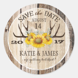 Boho Antler Sunflowers Wood Save the Date ラウンドシール
