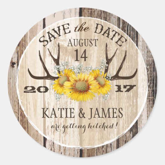 Boho Antler Sunflowers Wood Save the Date ラウンドシール (正面)