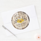 Boho Antler Sunflowers Wood Save the Date ラウンドシール (封筒)