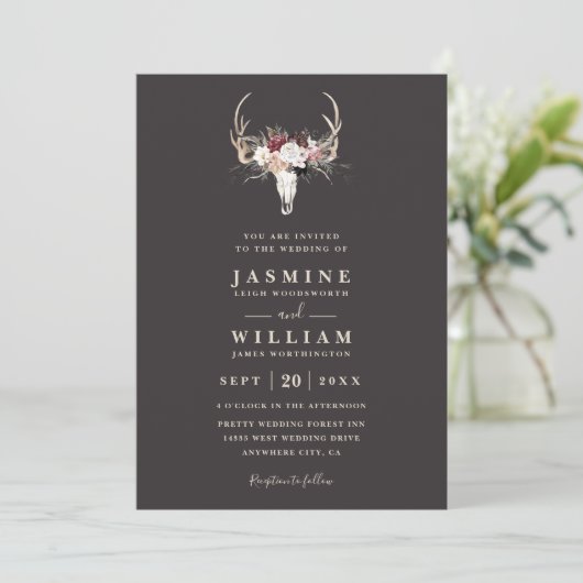 Boho Antlers Floral Rustic Elegant QR Code Wedding 招待状 (スタンド正面)