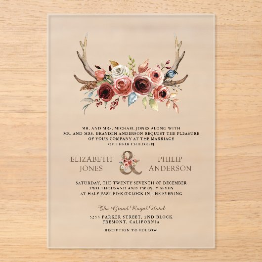 Boho Antlers Terracotta Floral Wedding アクリル招待状 (正面)