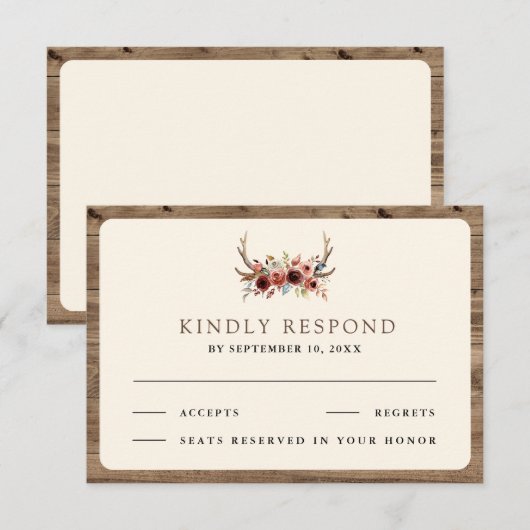 Boho Antlers Terracotta Floral Wedding 出欠カード (正面/裏面)